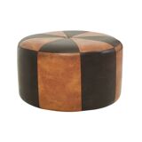 Round Vintage Brown Pouf Two-Tone Skai Leather Sixties