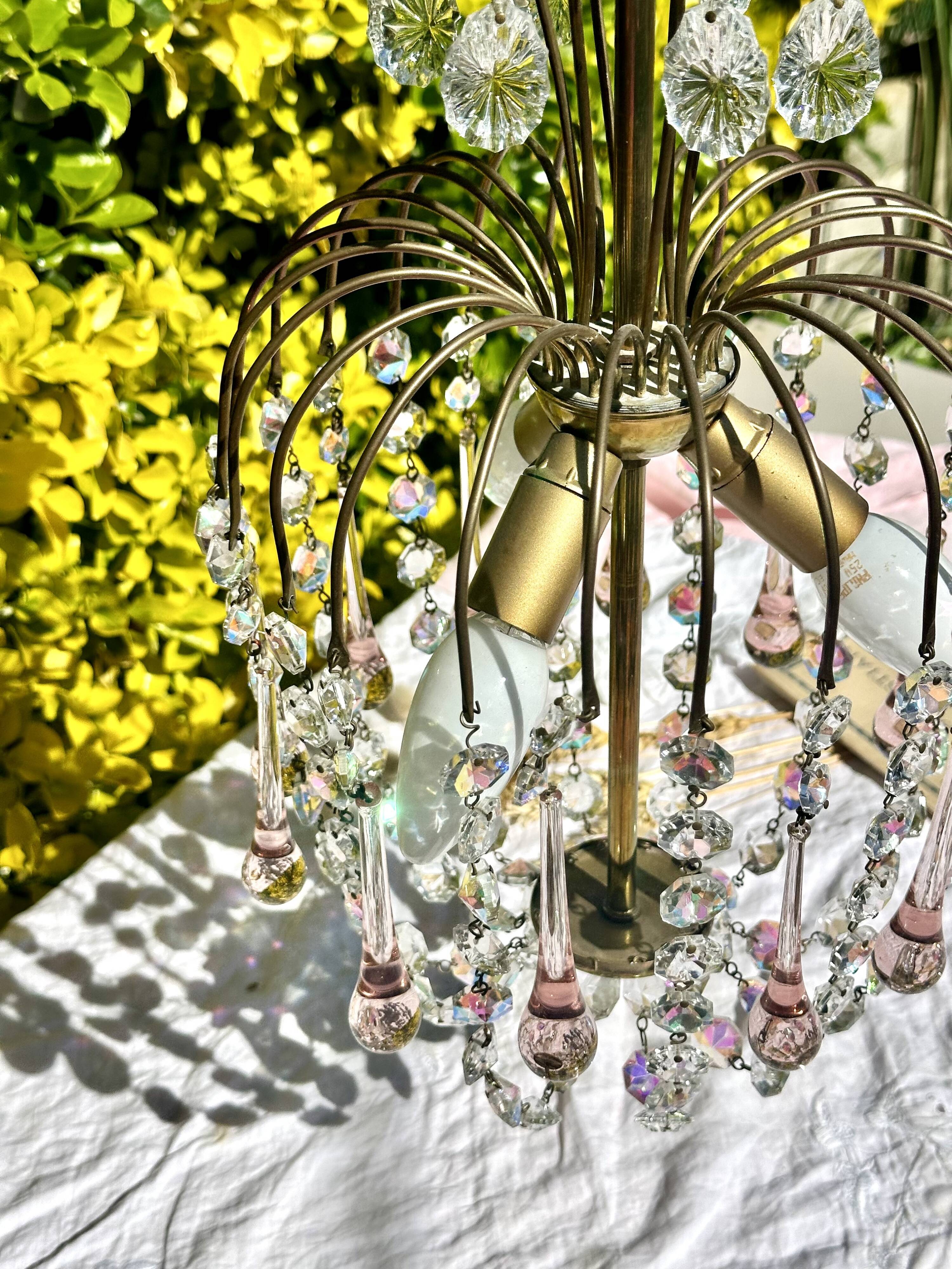 Magnificent Cascade Chandelier in Brass & Crystal Glass 1970s Vintage