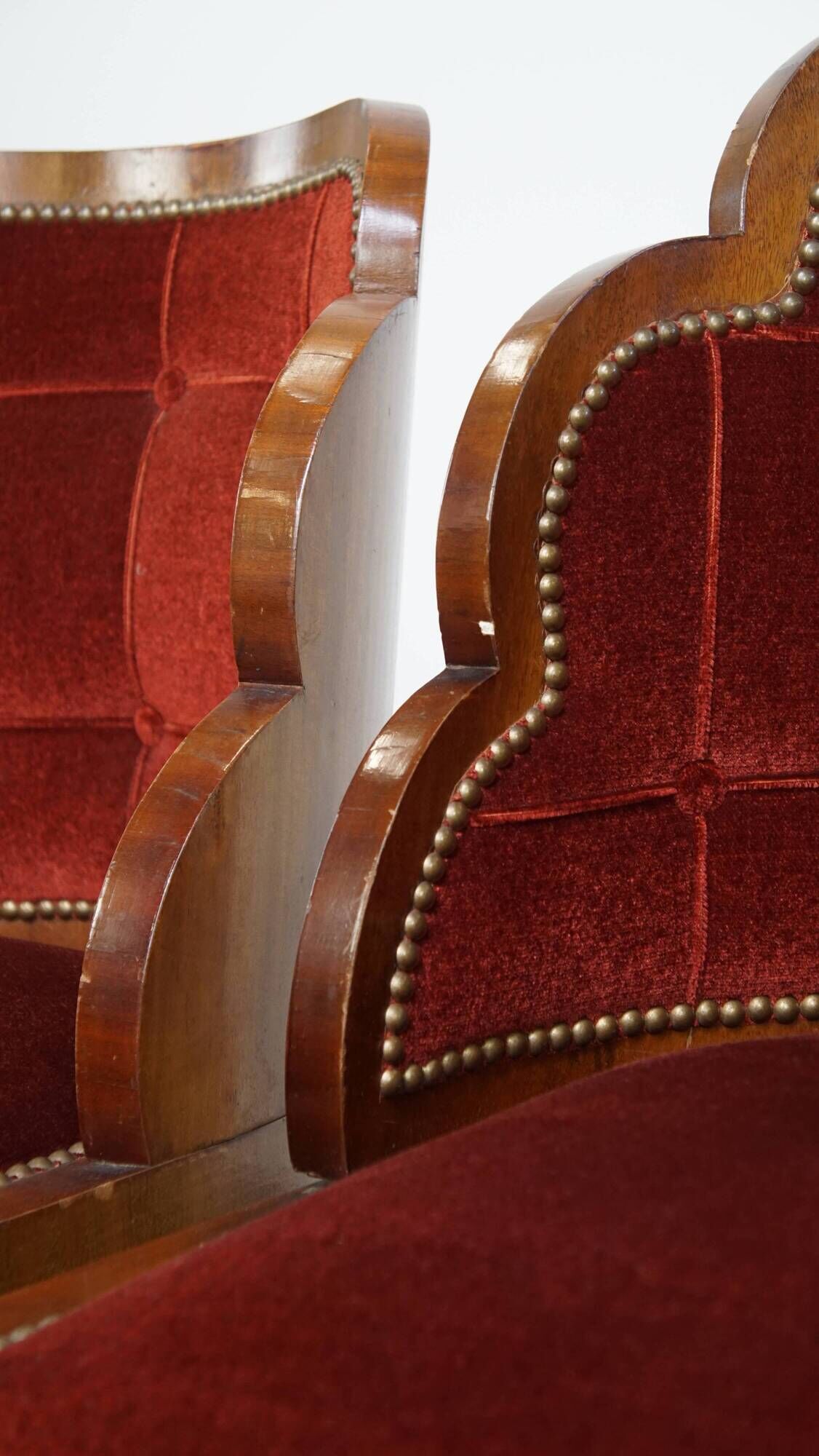 Set of 4 Art Deco Dining Chairs with Red Upholstery and Wooden Backs