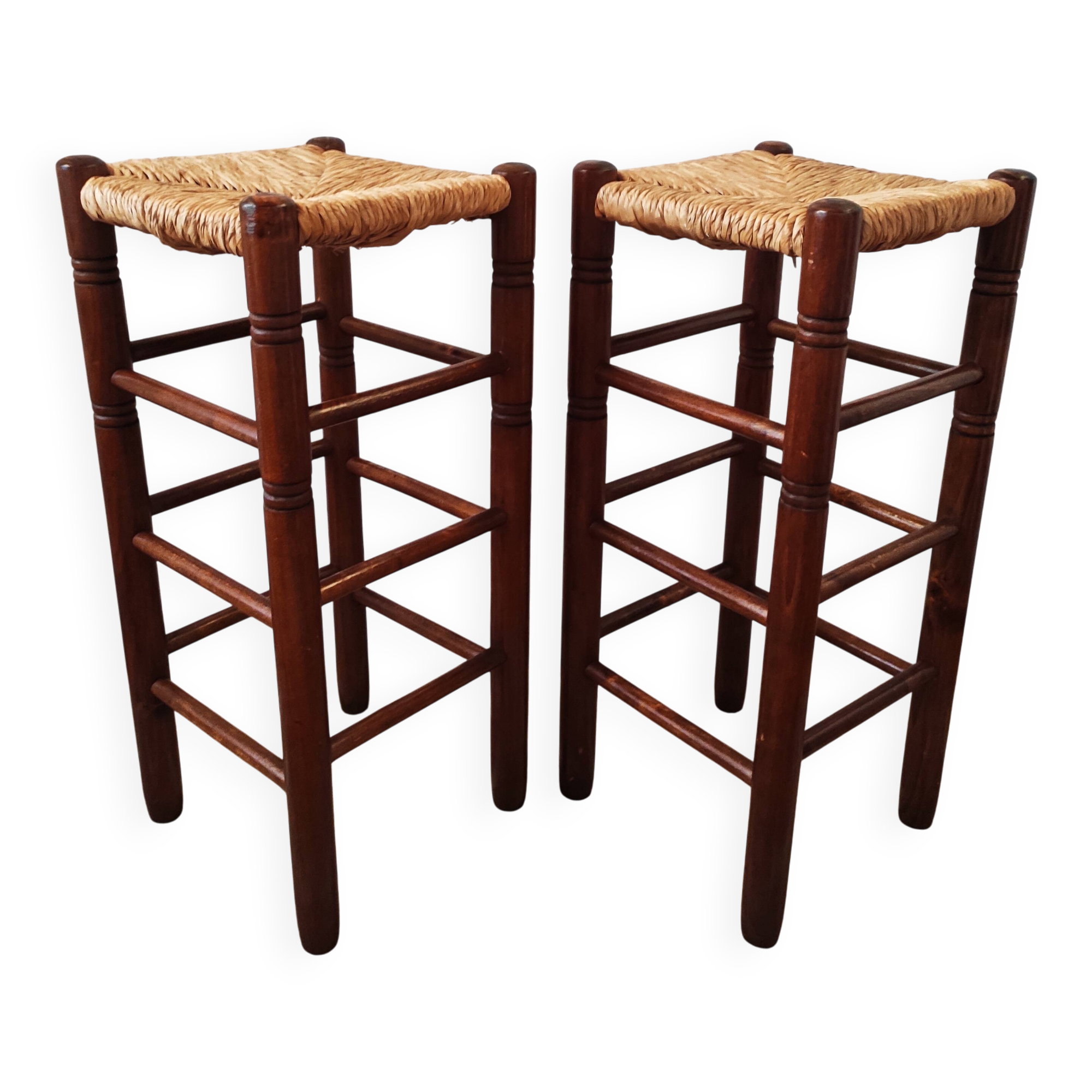 Pair of vintage brutalist stools made of wood and straw, France 1965.