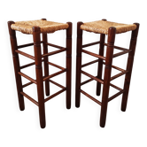 Pair of vintage brutalist stools made of wood and straw, France 1965.