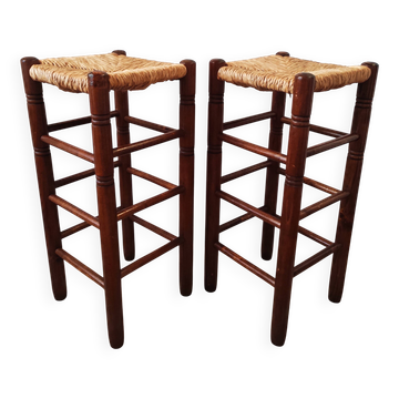 Paire de tabourets hauts brutalistes en bois et paille, France 1965