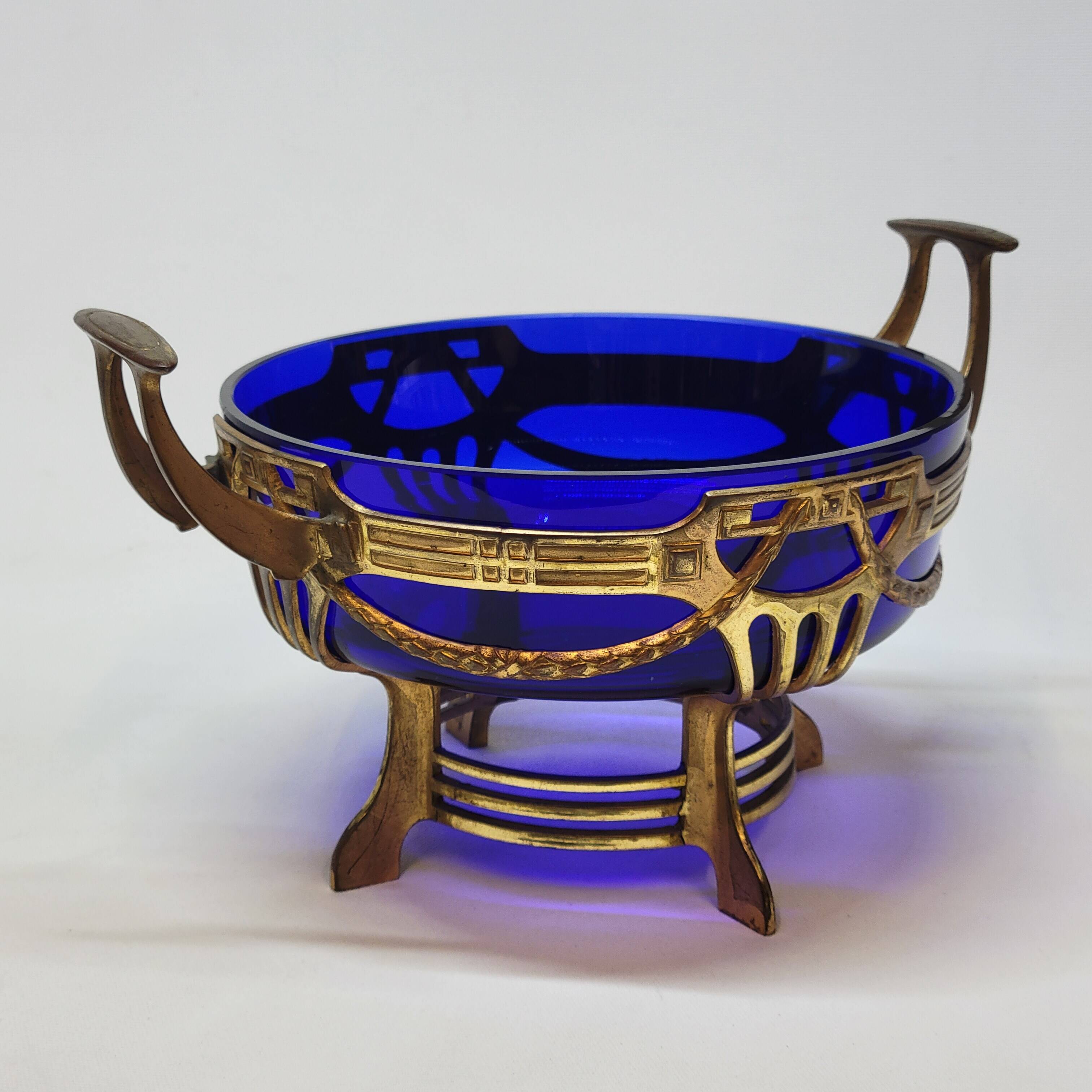 Antique gold metal and cobalt blue glass centerpiece planter