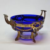 Ancienne jardinière centre de table en métal doré et verre bleu cobalt