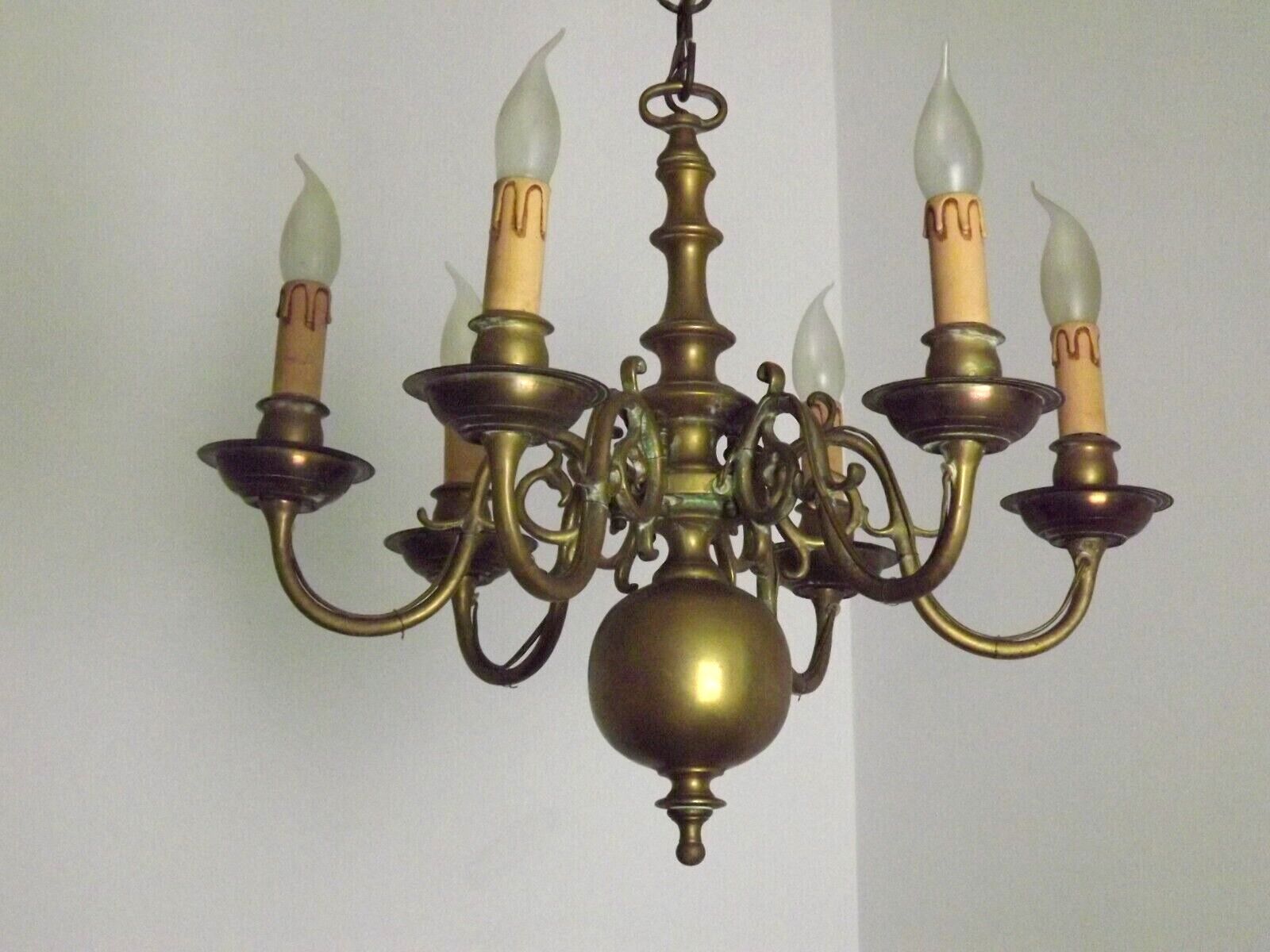 Vintage French 6 Light Heavy Brass Flemish Style Chandelier Card Drips 4050