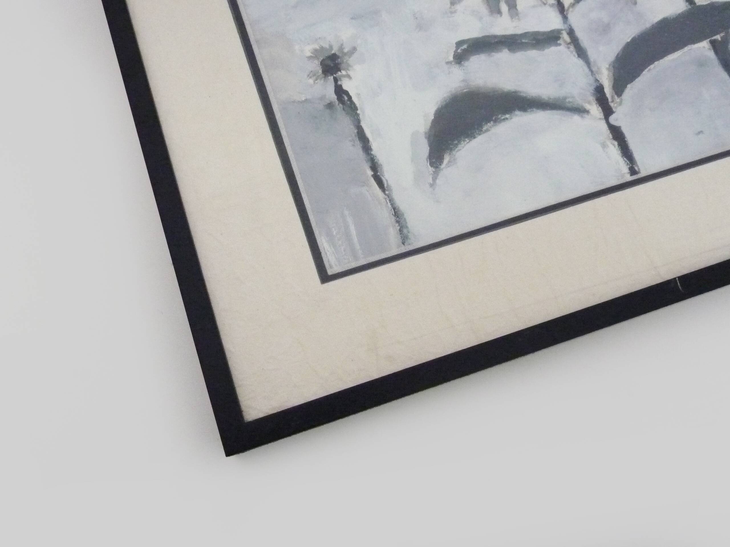Framed painting with gray flower decor.