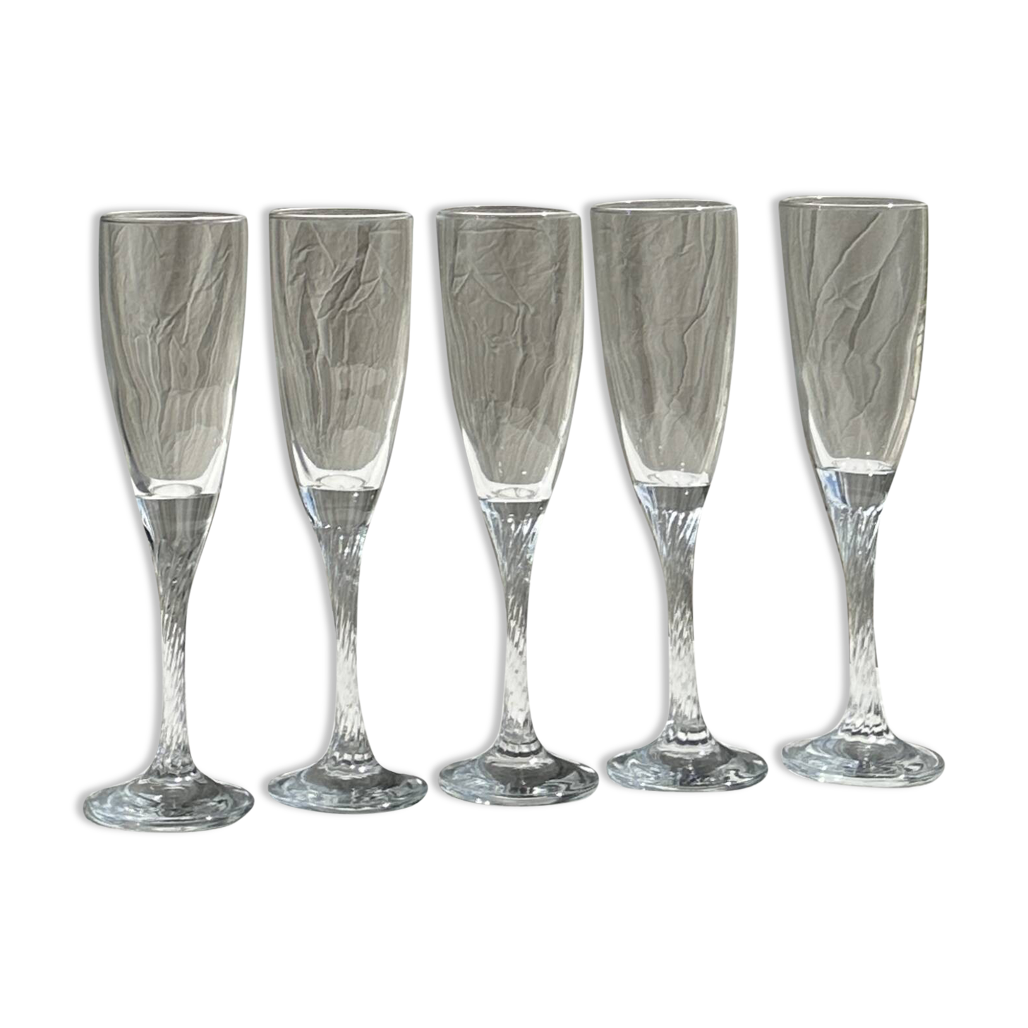 Set of 5 glass champagne flutes with twisted ribbed base