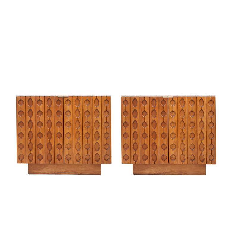 Contemporary Pair of Italian Sideboards Made of Solid Wood and Travertine