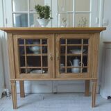 Console, shallow sideboard in waxed finish oak, 2 glass doors, 1 shelf.