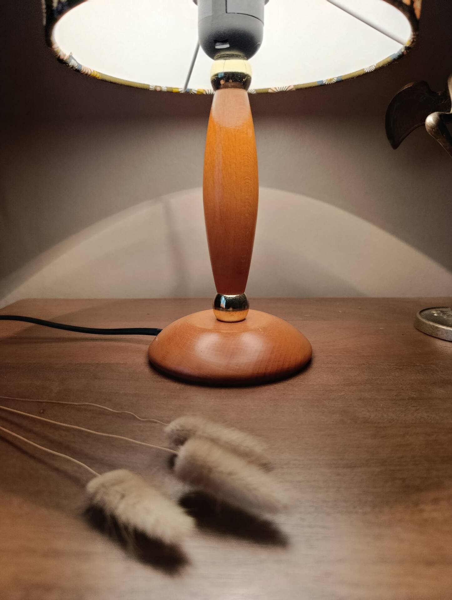vintage Scandinavian table lamp with turned wood and Japanese lampshade