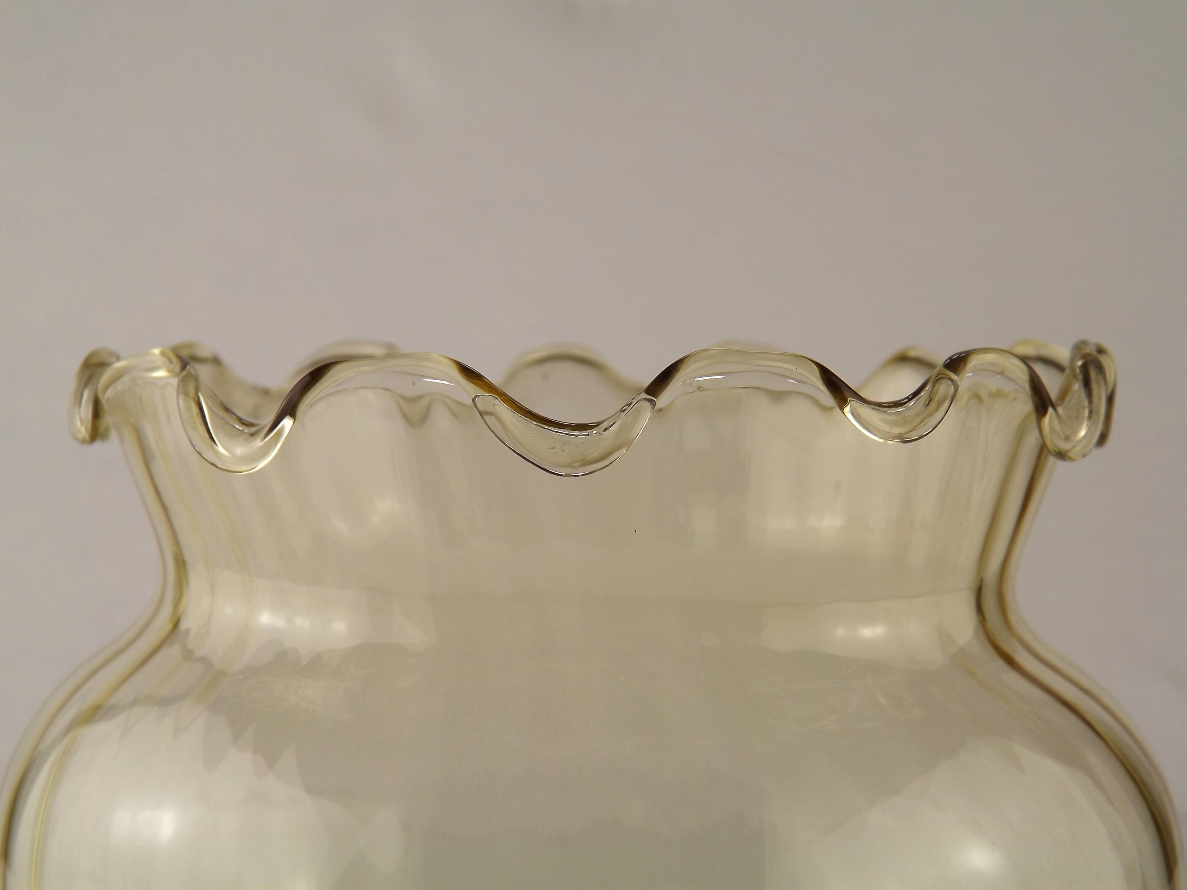 Set of 2 Vintage French Amber Ribbed Effect Glass Shades with Frilled Edge 5595