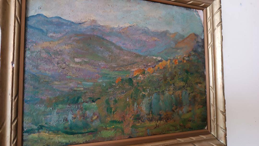 Peinture à l'huile de paysage impressionniste sur carton du début des années