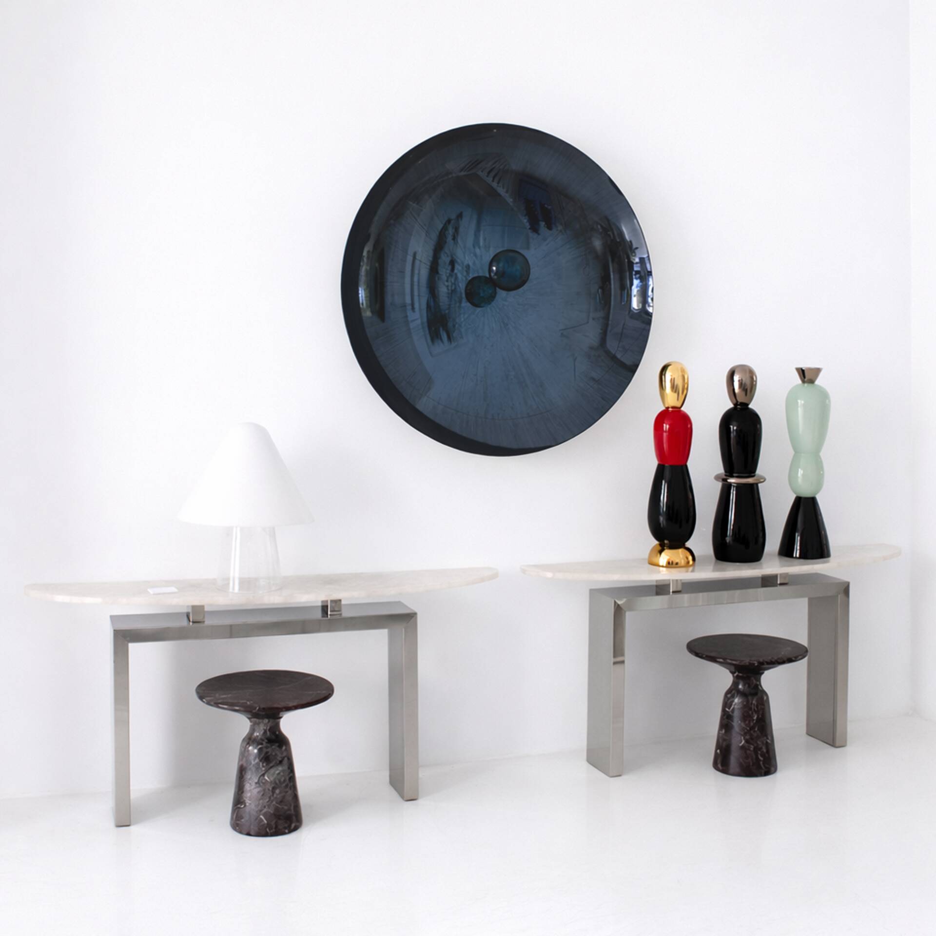 Contemporary Pair of Demilune Consoles Made Of White Quartz & Steel