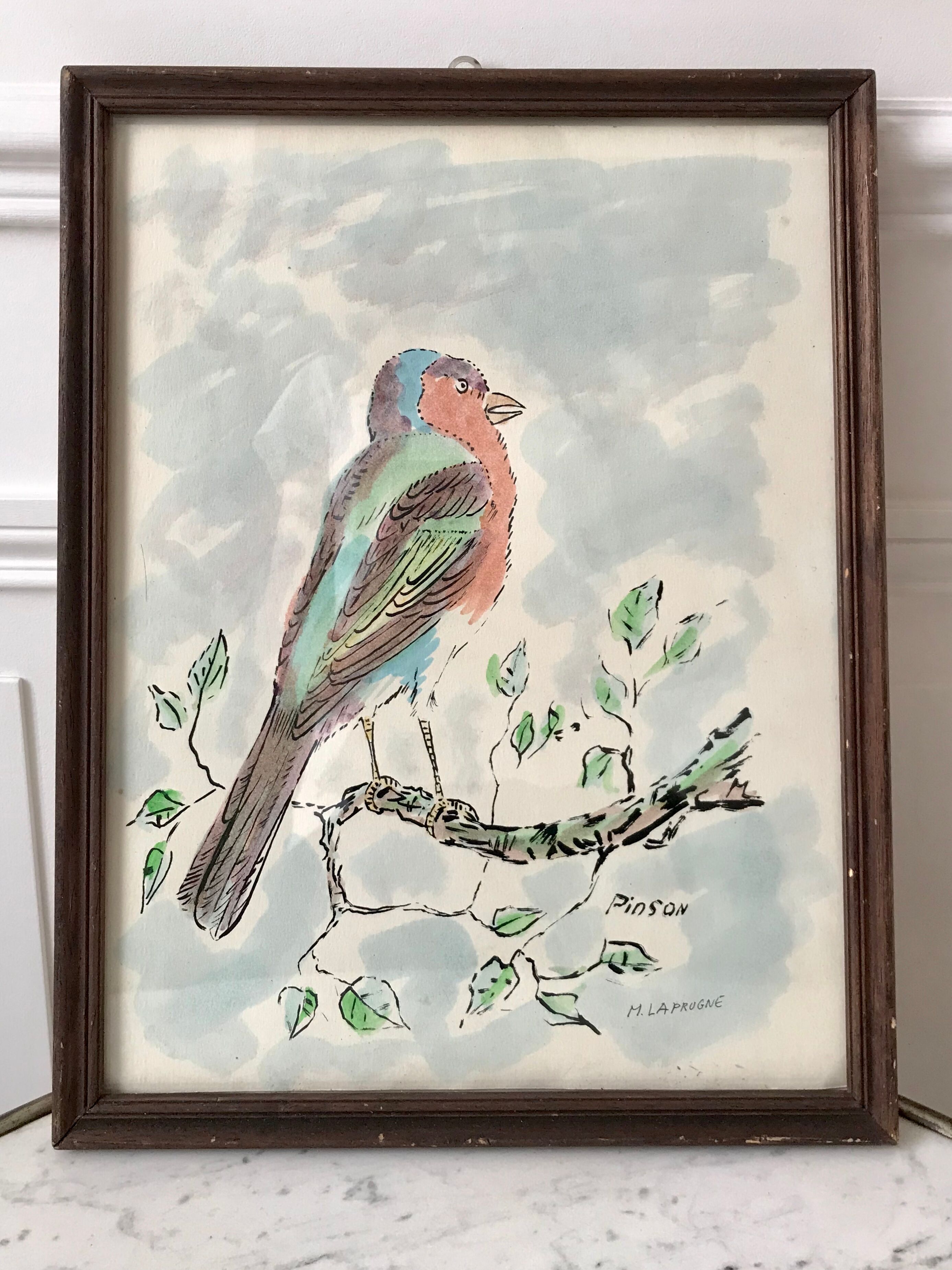 Watercolor bird Pinson signed vintage