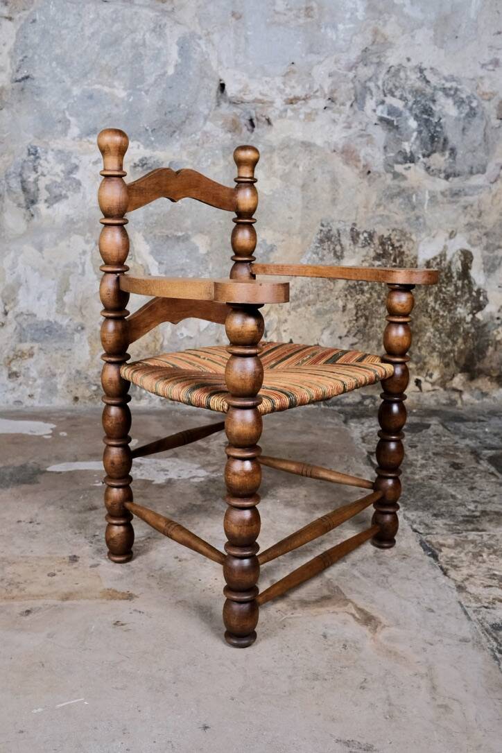 Pair of turned wooden spool armchairs, mid-20th century, France