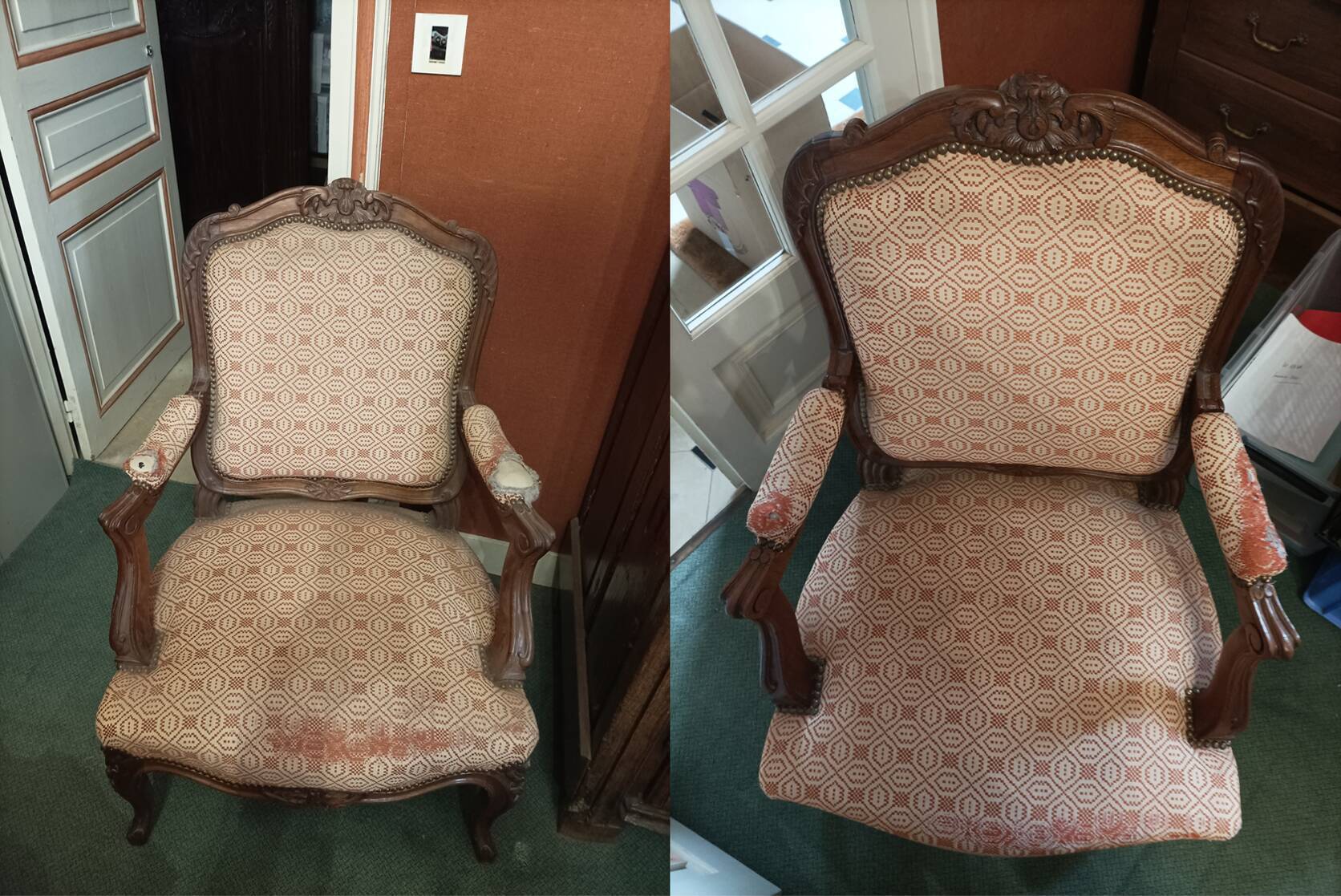 Set of 2 Louis XV style wooden and fabric armchairs