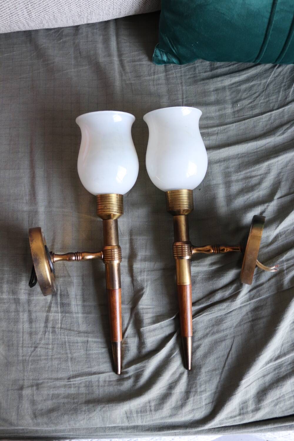 Pair of vintage Lunel house wood and brass wall lights