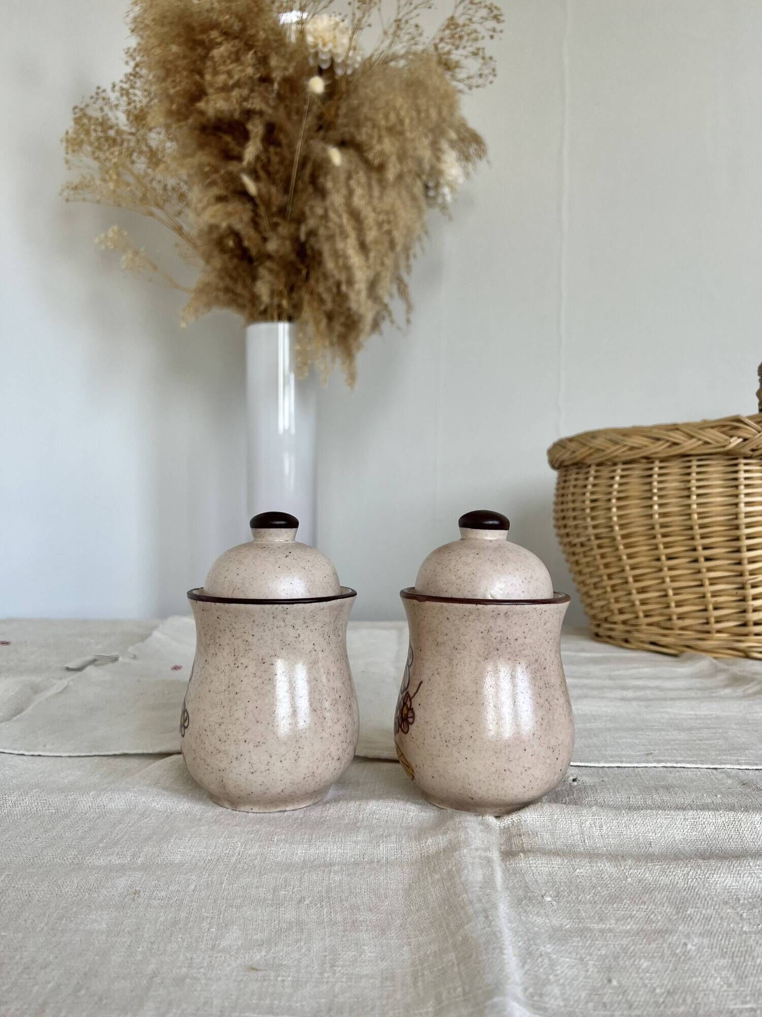 Set of 2 vintage ceramic sugar and coffee condiment pots with stoneware effect