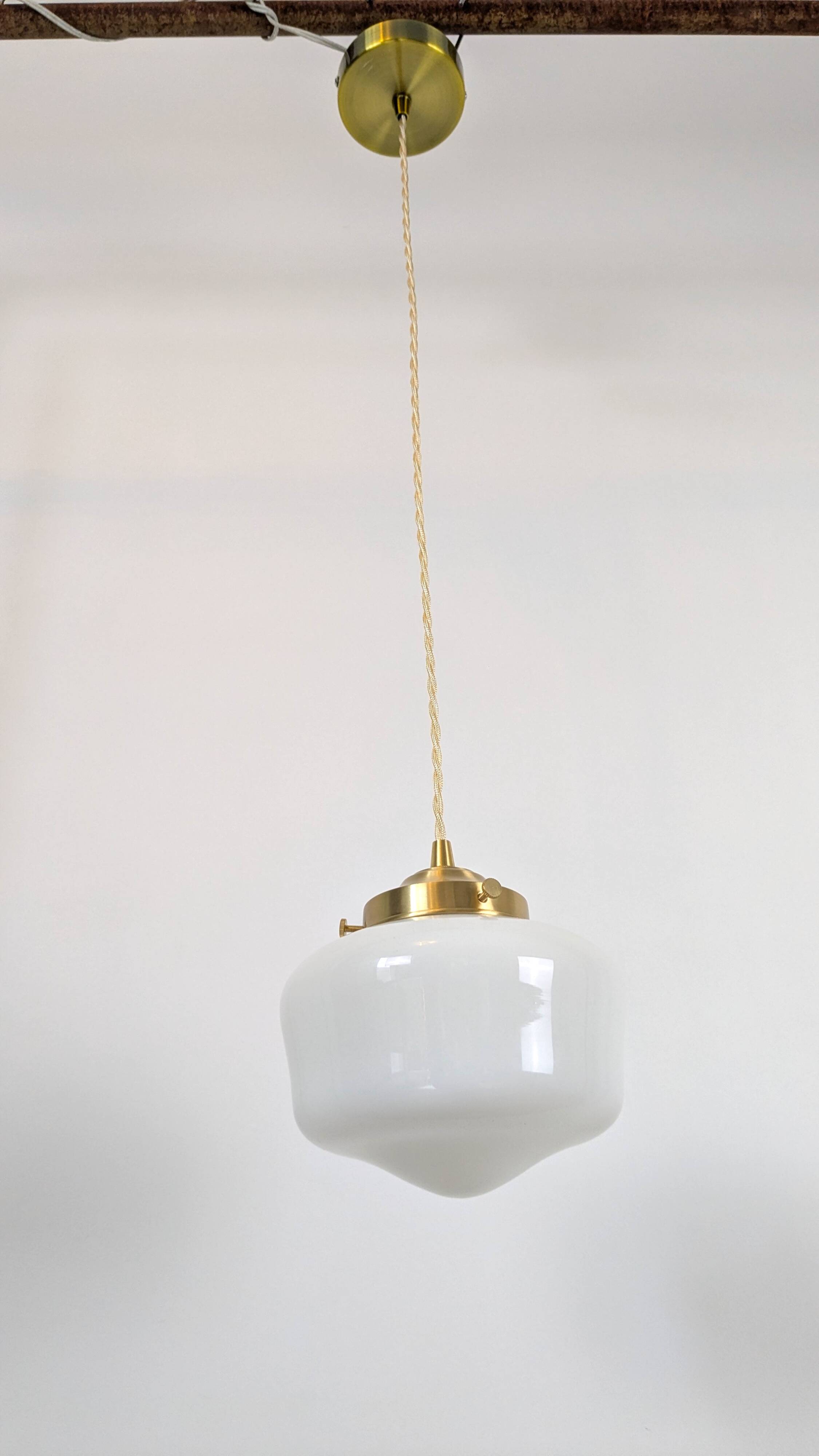 Antique opaline and brass pendant light – vintage globe 15 cm