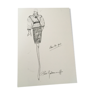 Fashion illustration of press by paco rabanne with his photograph from the end of the 1980