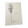 Fashion illustration of press by paco rabanne with his photograph from the end of the 1980