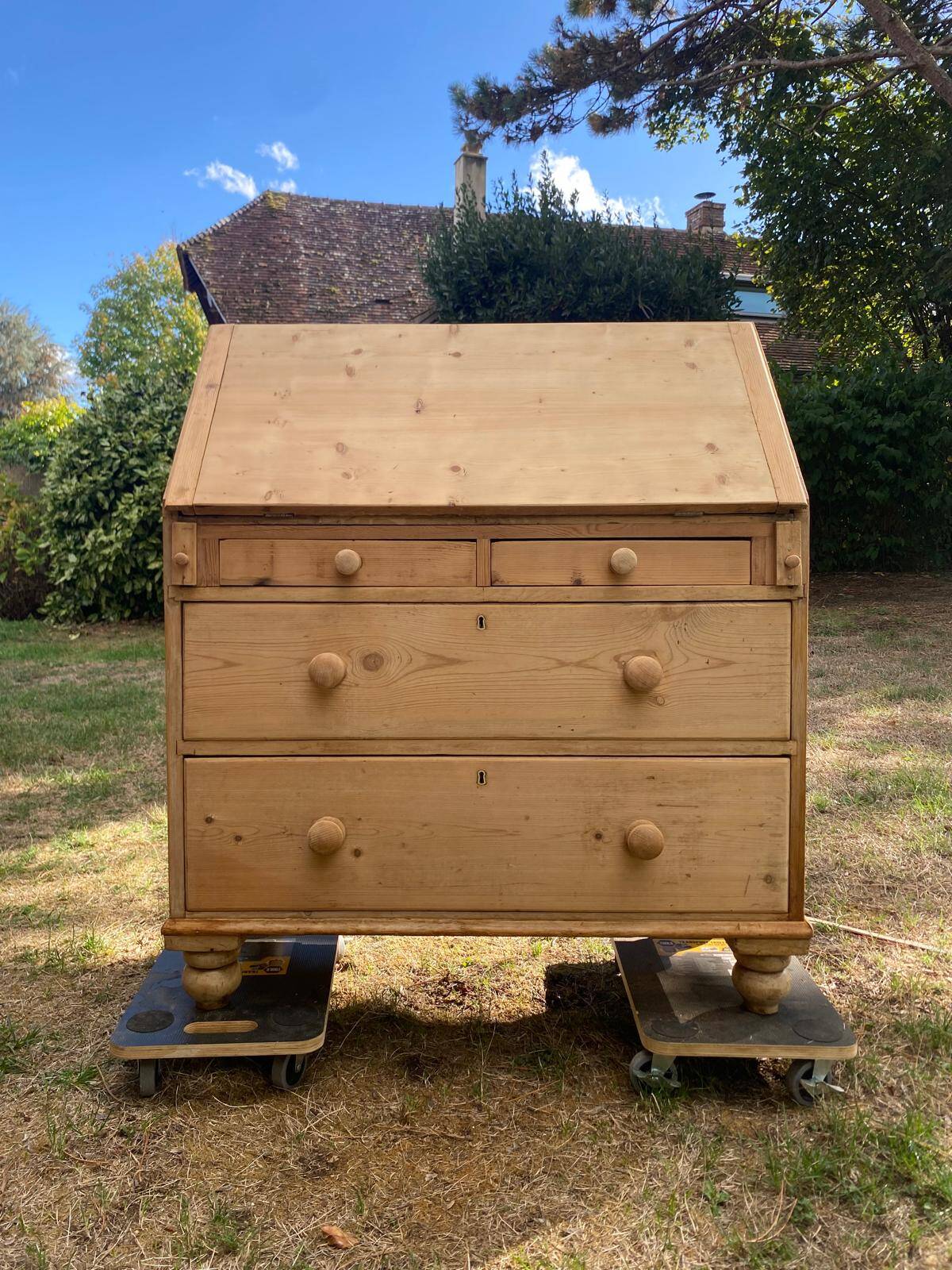 Ancien bureau secrétaire scriban anglais en pin massif