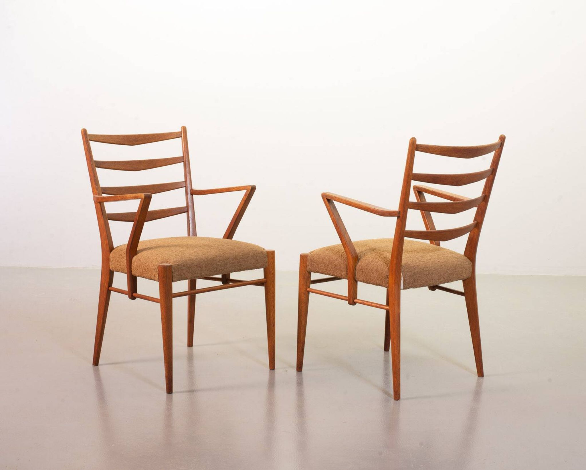 Cees Braakman Dutch Design Wooden Ladder Arm Chairs & Caramel Bouclé Fabric
