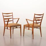 Cees Braakman Dutch Design Wooden Ladder Arm Chairs & Caramel Bouclé Fabric