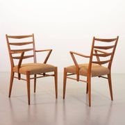 Cees Braakman Dutch Design Wooden Ladder Arm Chairs & Caramel Bouclé Fabric