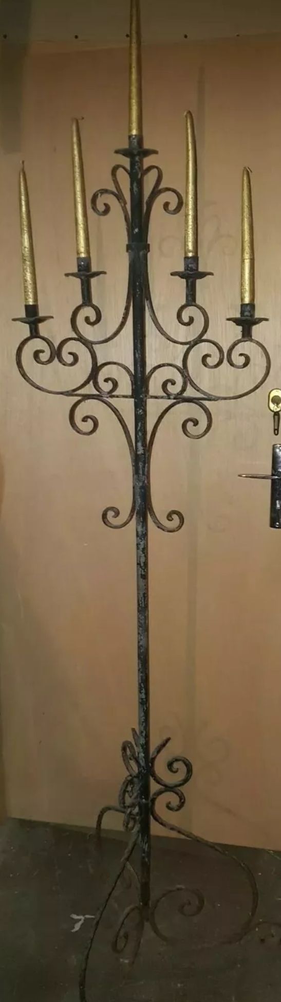 Old church floor lamp chandelier 5 fires torcher wrought iron early 20th century