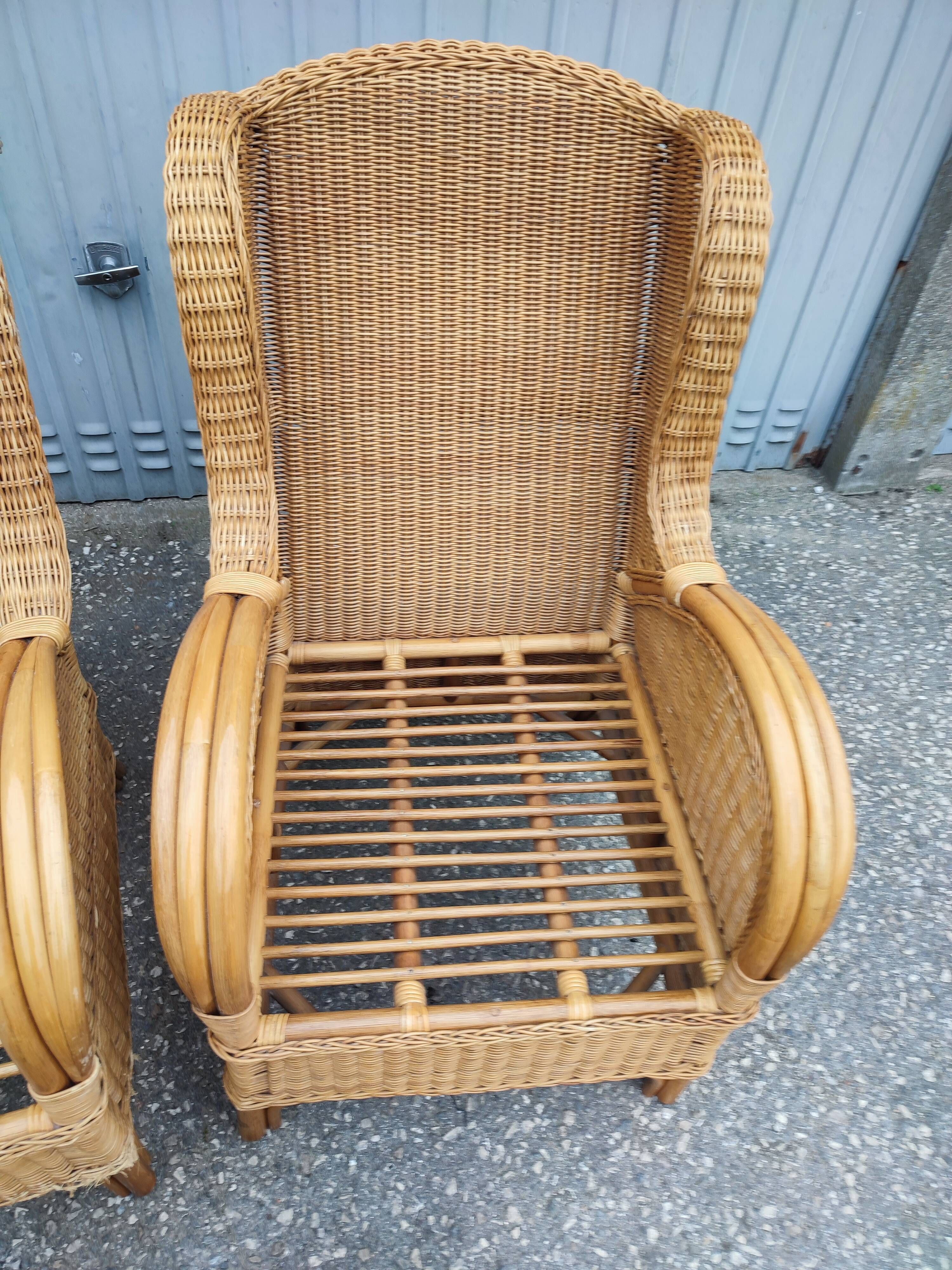 Pair of old armchairs wicker rattan & foot rest vintage year 60