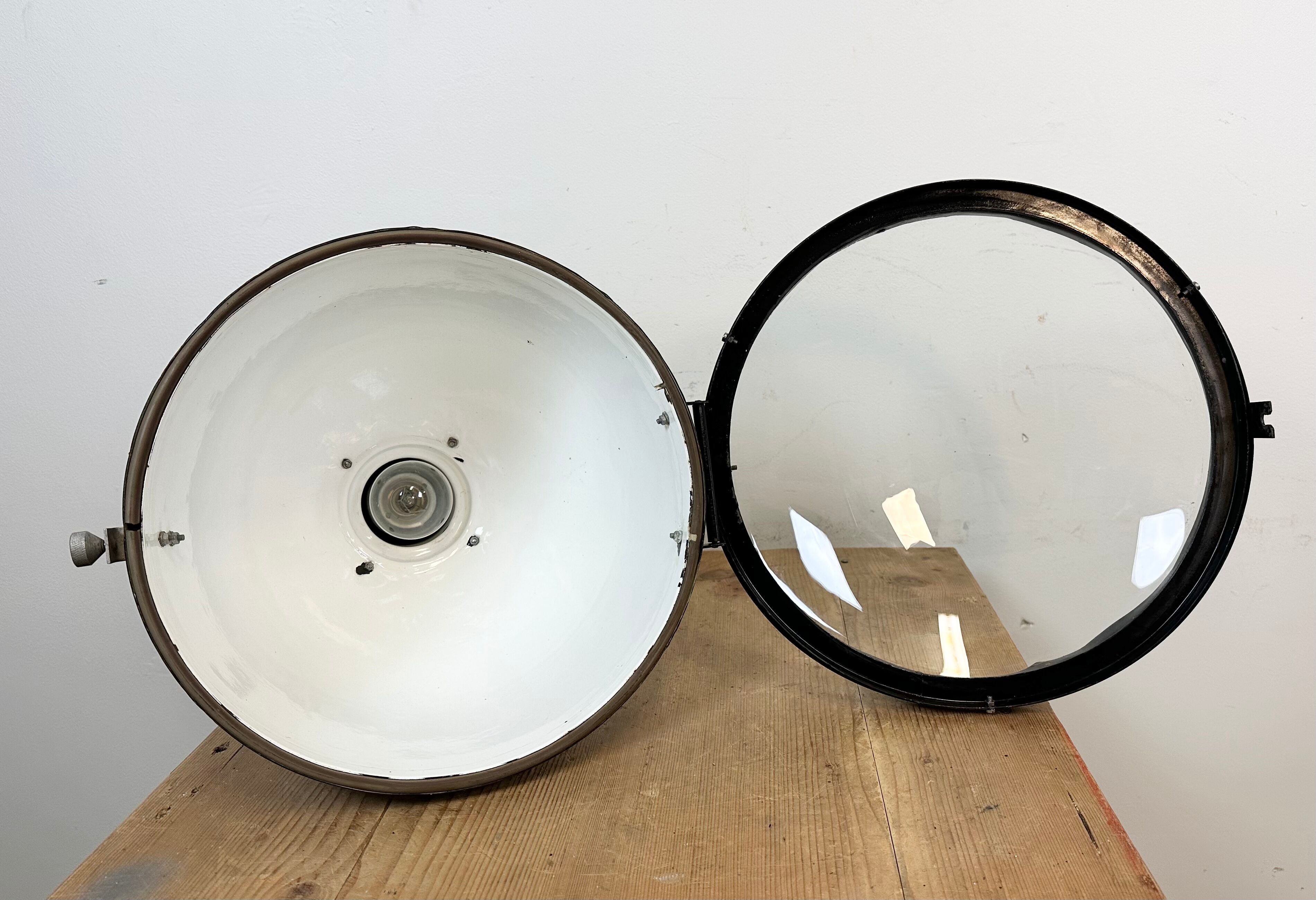 Industrial Black Enamel Factory Spotlight with Convex Glass Cover, 1960s