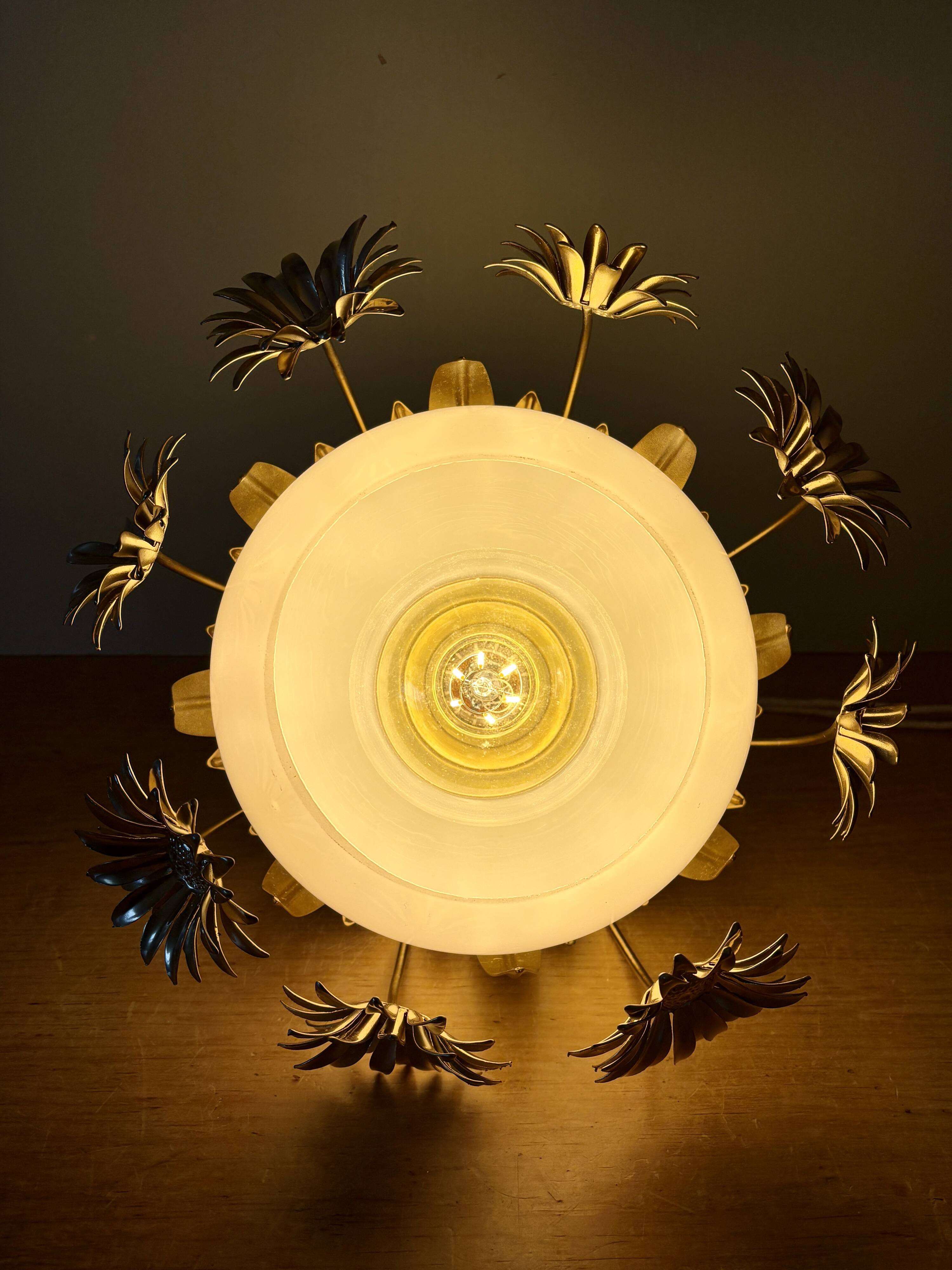 Pendant light in gilded metal and antique opaline globe