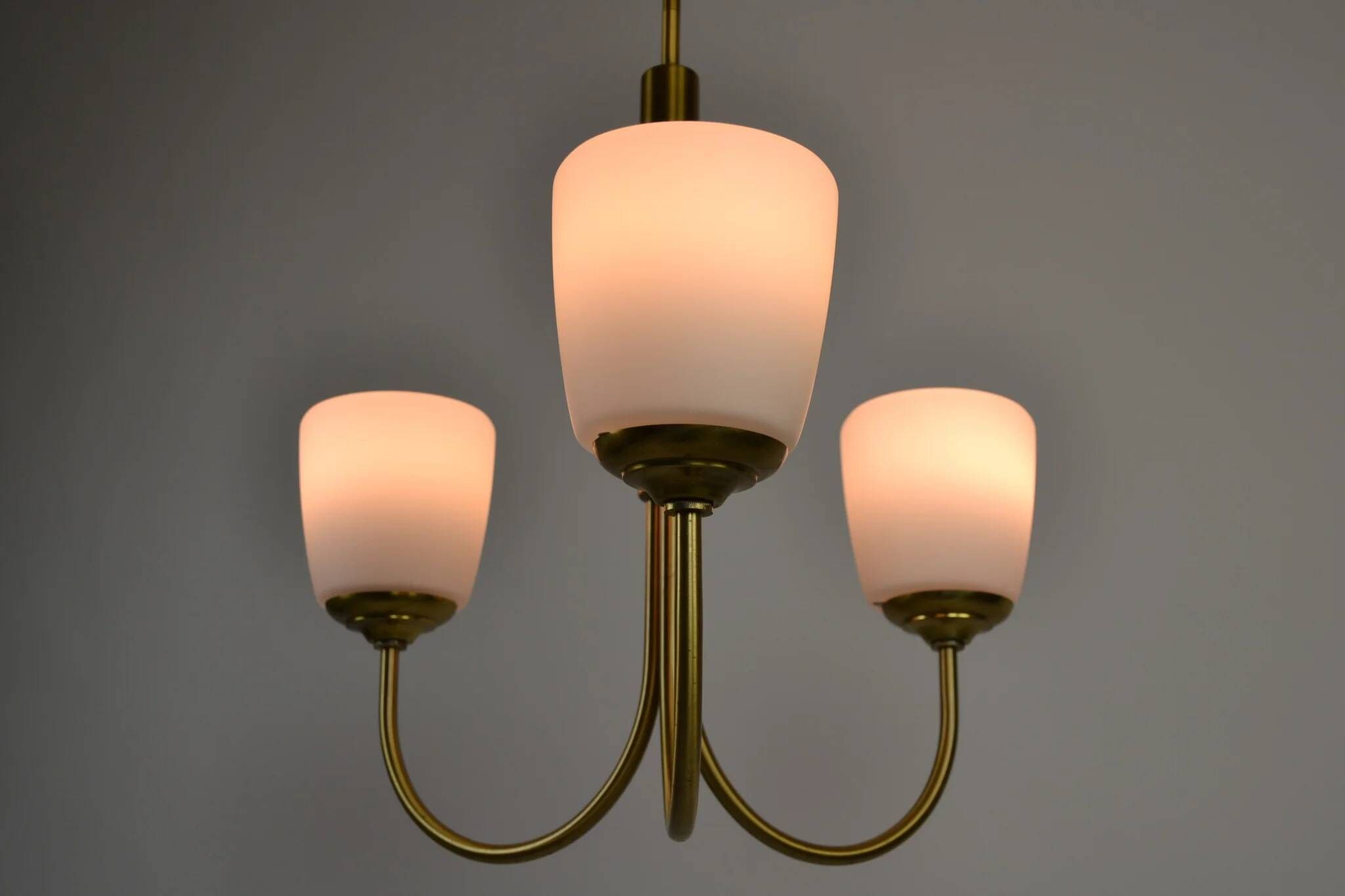 Scandinavian Modern Three-Light Pendant in Brass, Teak and Opaline Glass, 1960s