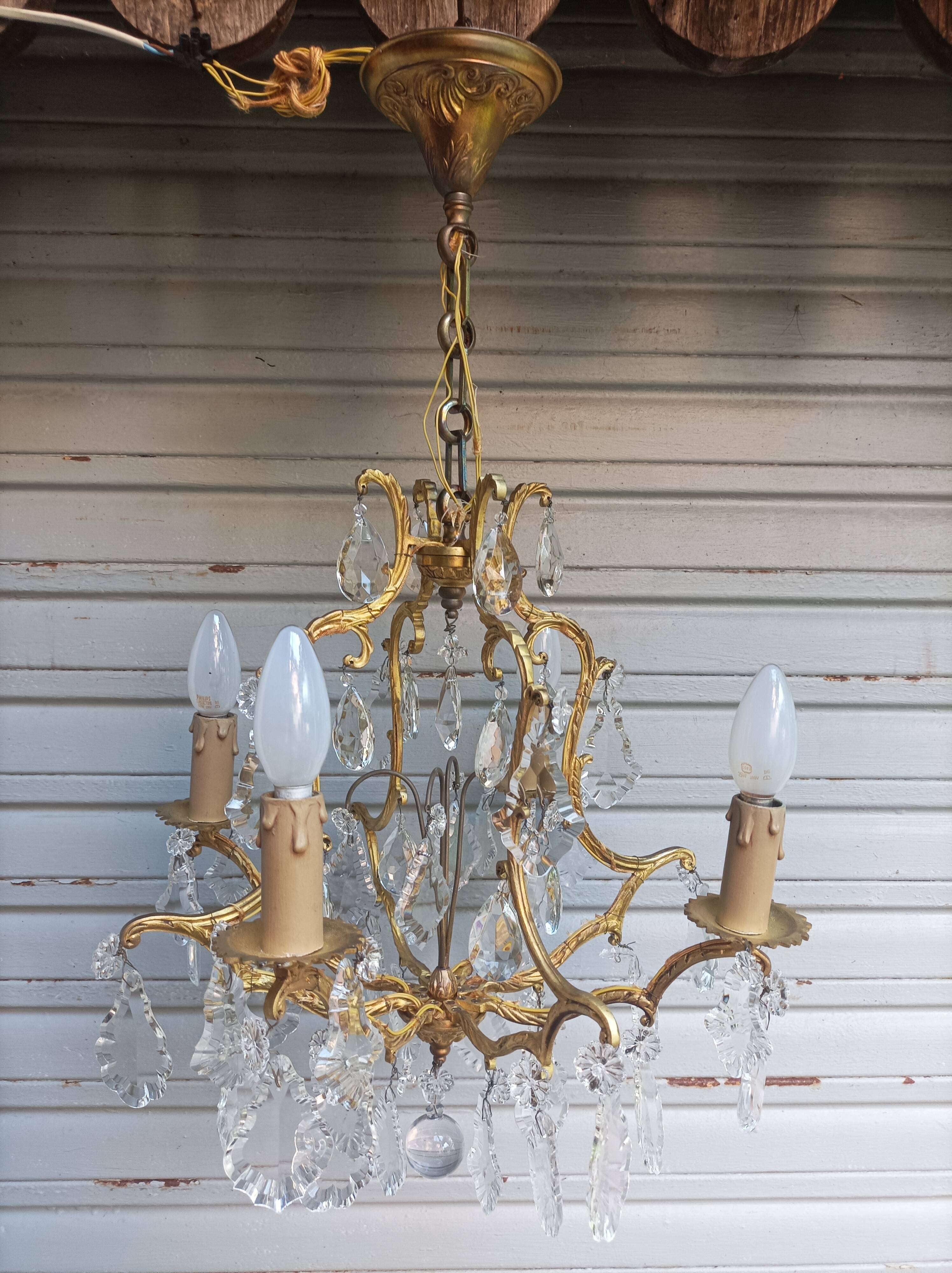 Rare old cage chandelier in gilded bronze and crystal 4 lights / WORKING CONDITION LEFT?