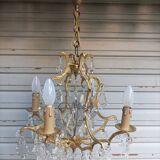Rare old cage chandelier in gilded bronze and crystal 4 lights / WORKING CONDITION LEFT?
