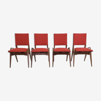 Suite de 4 chaises par Maurice Pré en simili rouge et chêne 1950