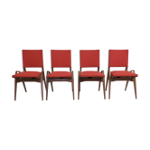Suite de 4 chaises par Maurice Pré en simili rouge et chêne 1950
