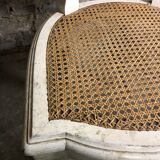 Set of 2 Louis XVI style patinated beige and cannate chairs