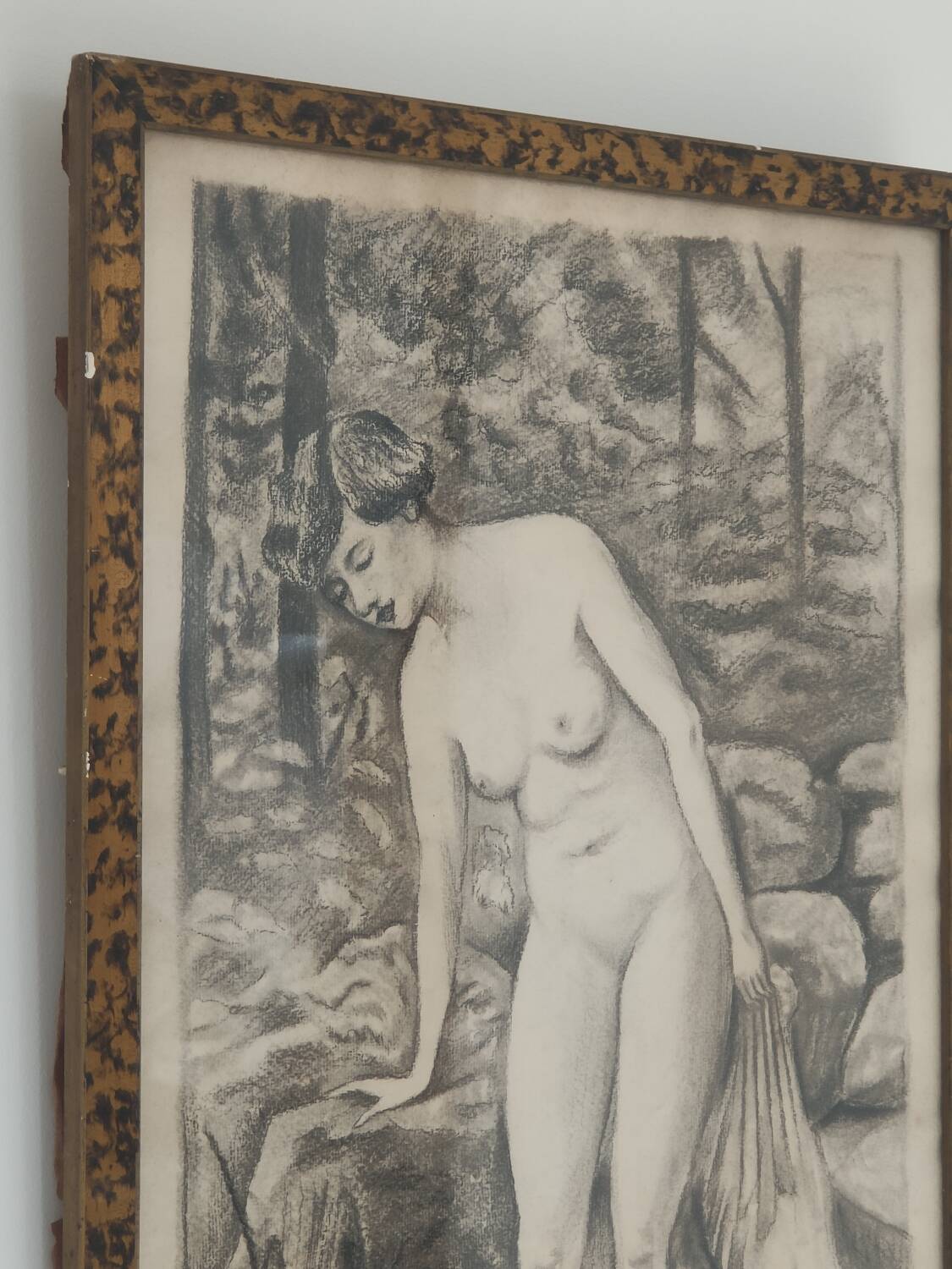 Fusain Femme nue estampe encadrée