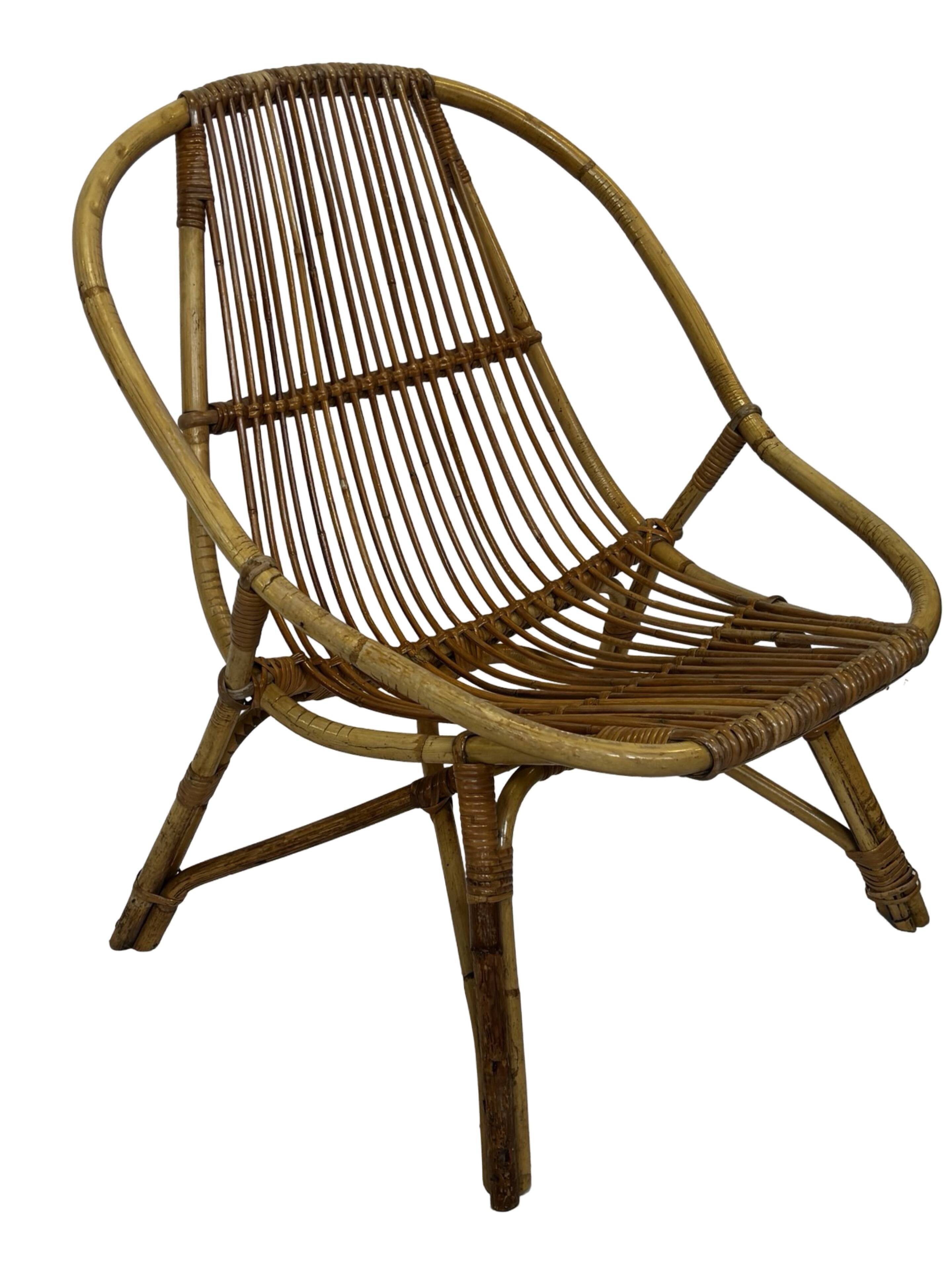 Ensemble vintage de 4 fauteuils club en rotin Rohe Noordwolde 1960