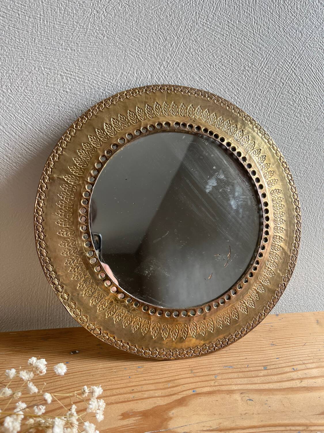 Round hammered brass mirror / vintage openwork