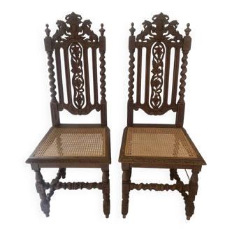 Paire de 2 chaises sculptées tête de lion néo-renaissance Henri II