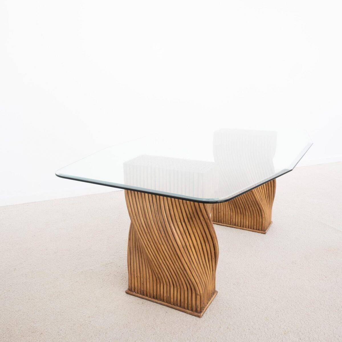 Dining table or desk in glass and bamboo from the 1970s.