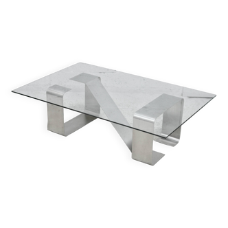 Table basse piètement acier "cinétique" et dalle de verre. Circa 1970.