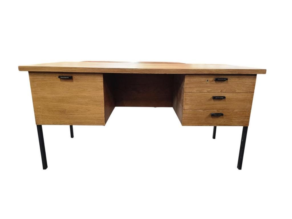Vintage wooden desk with black steel frame