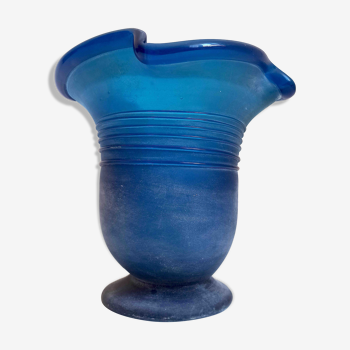 Vase verre de murano bleu givré années 70 hauteur 28,5 cm