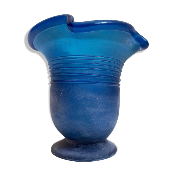 Vase verre de murano bleu givré années 70 hauteur 28,5 cm