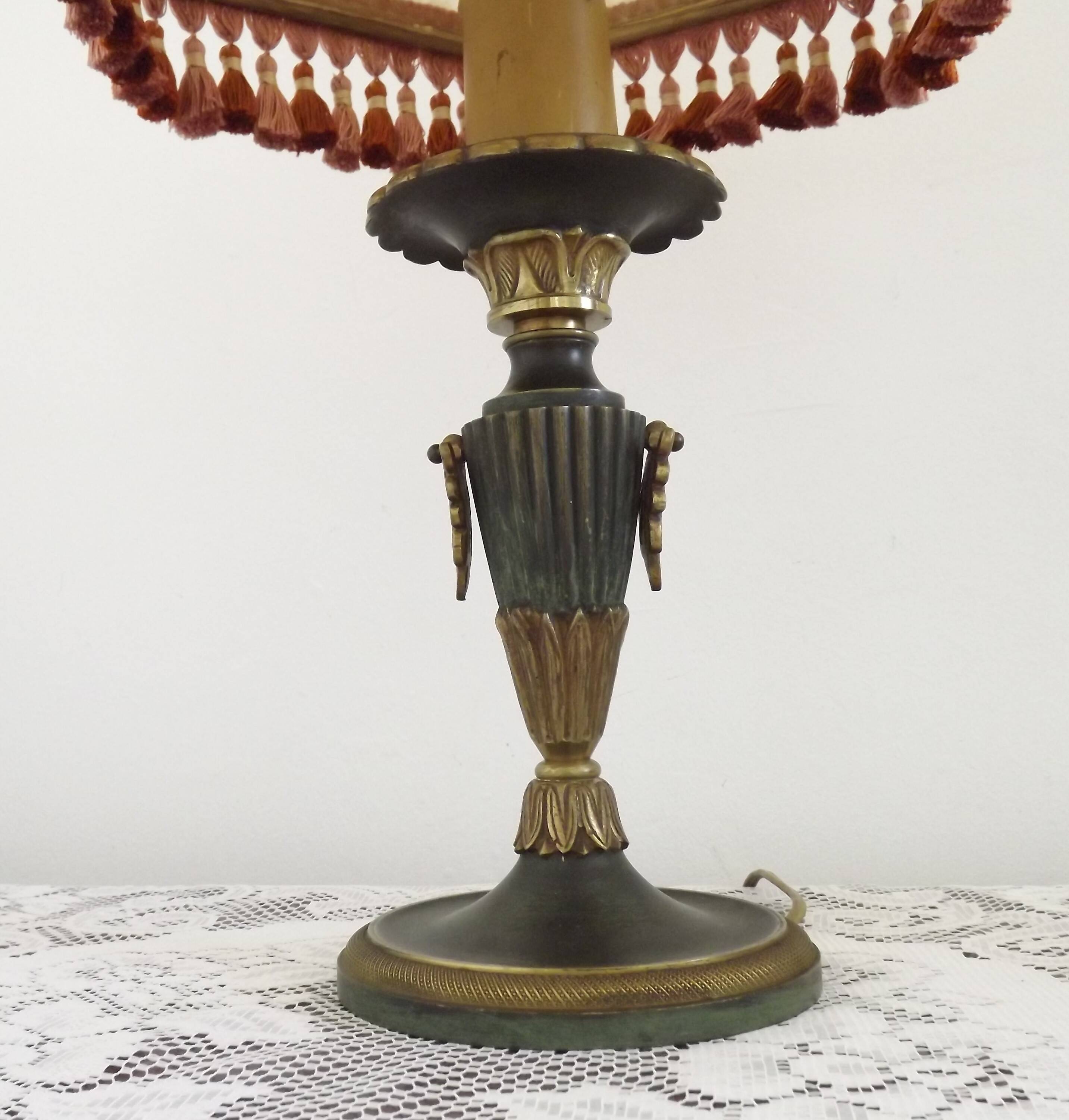 French Empire Style Green & Gold Brass Candlestick Table Lamp & Hide Shade