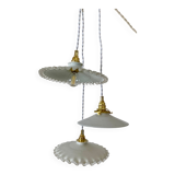 Three-light cascading pendant lamp with vintage white opaline lampshade